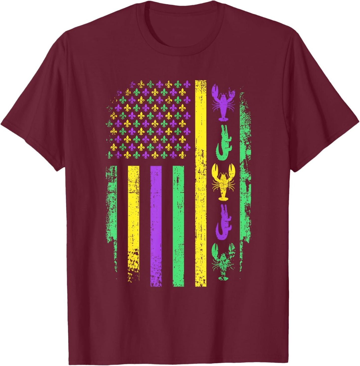 Carnival Mardi Gras American Flag Crawfish Alligator Parade T-Shirt - T-Shirt | Maroon