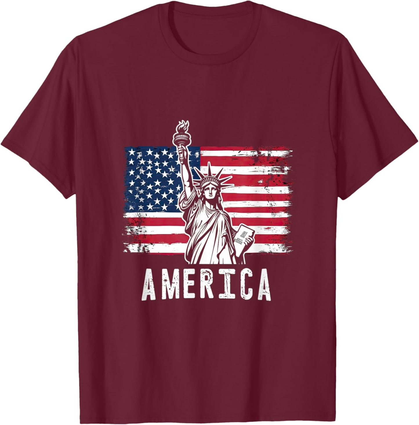 America Flag with Statue of Liberty Vintage Art T-Shirt - T-Shirt | Maroon