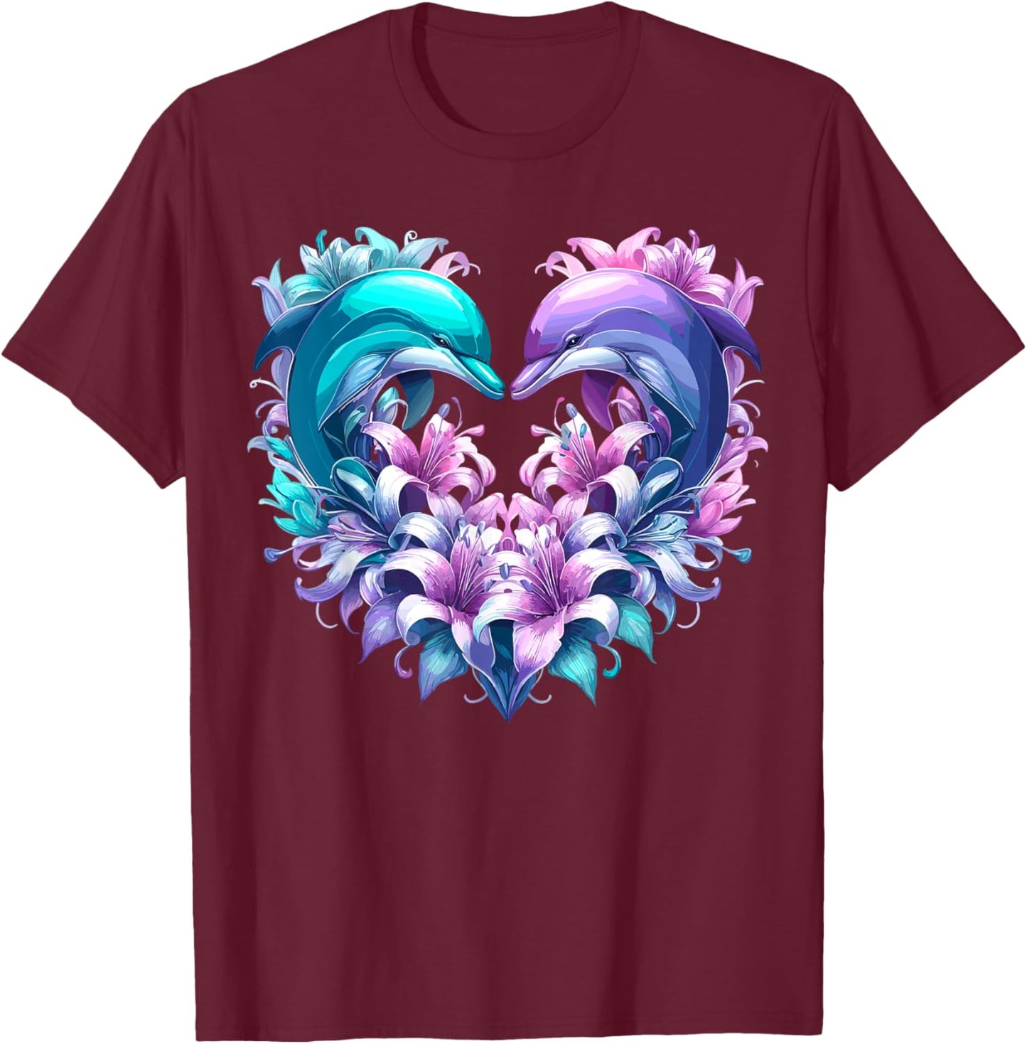 Dolphin Floral Ocean Animal T-Shirt - T-Shirt | Maroon