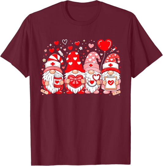 Cute Nurse RN ICU ER Gnomes Valentine Day Medical Worker T-Shirt - T-Shirt | Maroon