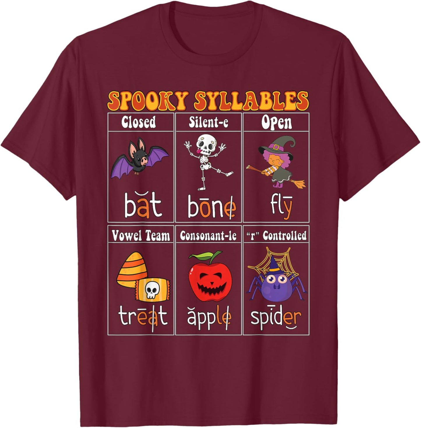 Spooky Syllables Teacher Funny Halloween Educational Kids T-Shirt - T-Shirt | Maroon