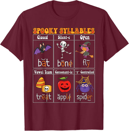 Spooky Syllables Teacher Funny Halloween Educational Kids T-Shirt - T-Shirt | Maroon