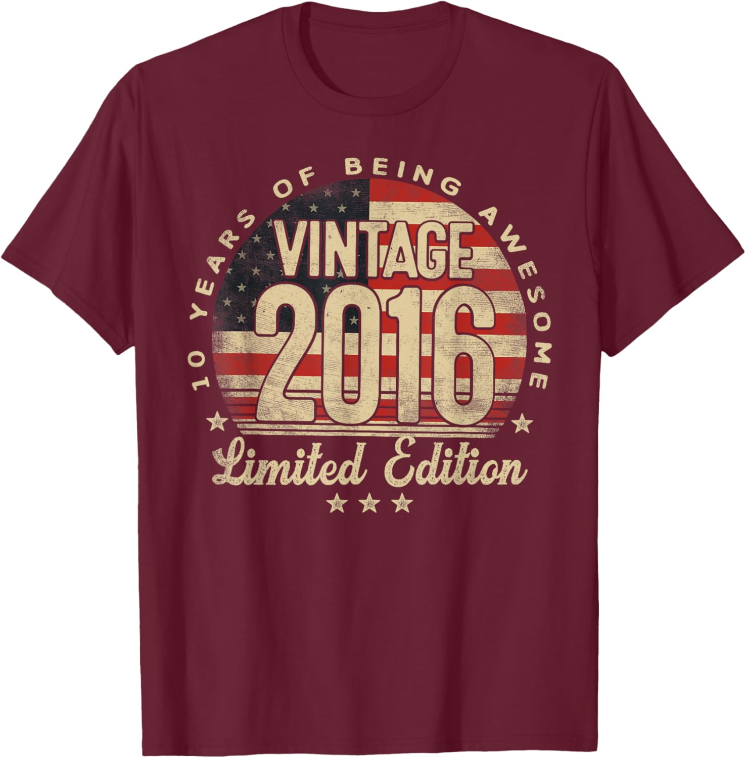 Vintage 2016 Limited Edition USA Flag 10-Year-Old Age 10 T-Shirt - T-Shirt | Maroon