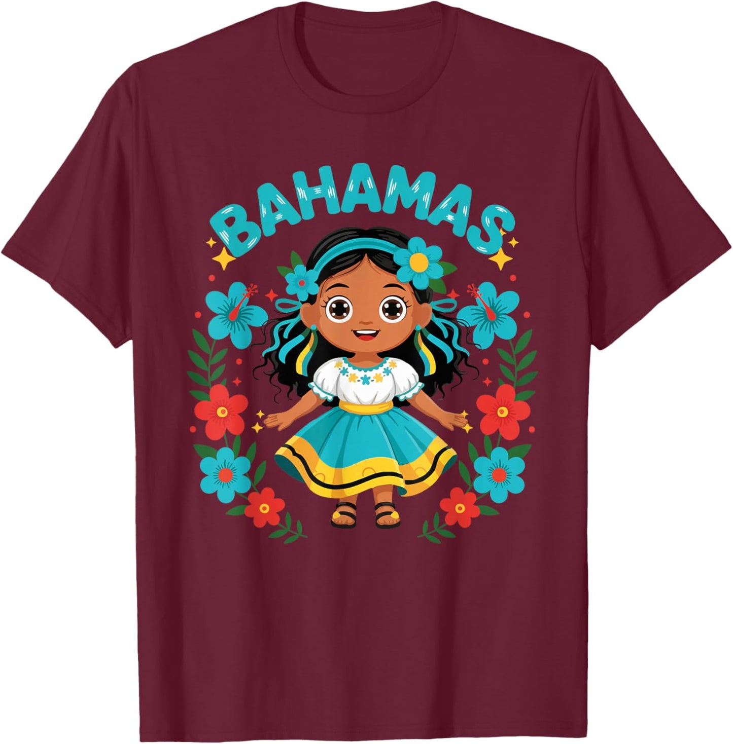 Bahamas Bahamian Girl Traditional Dress Flowers T-Shirt - T-Shirt | Maroon