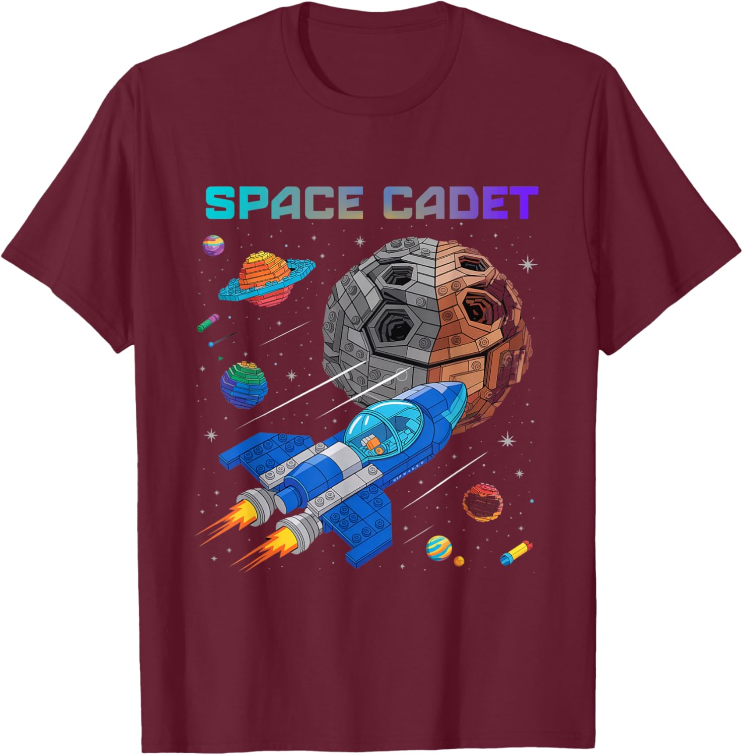 Cadet Spaceship Asteroid Planets Stars T-Shirt - T-Shirt | Maroon