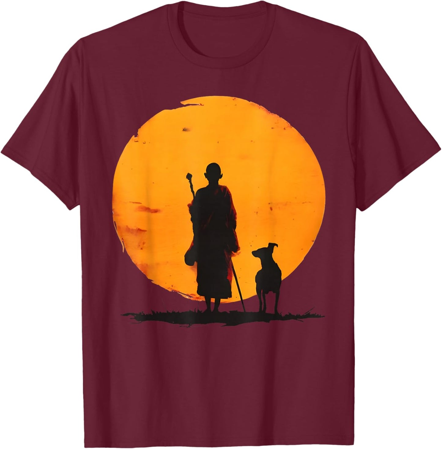 Peace Walking Monks and Dog Minimalist Zen Art T-Shirt - T-Shirt | Maroon
