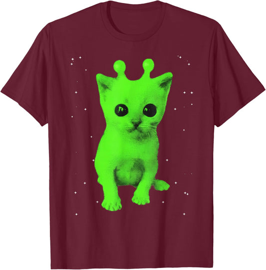 Y2k Alien UFO Cat Space Vintage 90s Retro Silly Cats Lover T-Shirt - T-Shirt | Maroon