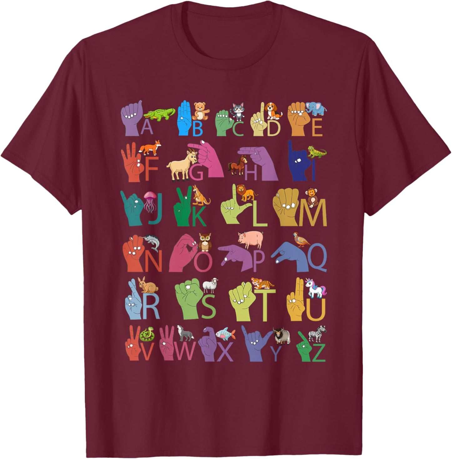 Colorful ASL Alphabet Animals Letters and Signs for Kids T-Shirt - T-Shirt | Maroon