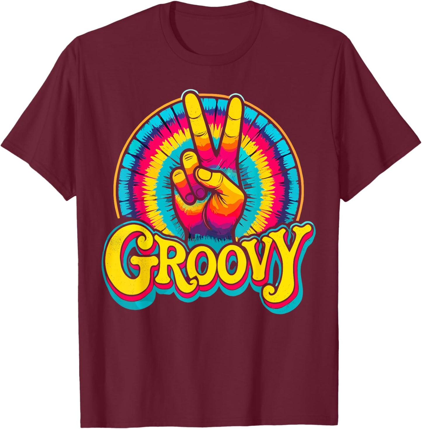 Groovy Peace Sign Hippie Retro Tie Dye T-Shirt - T-Shirt | Maroon