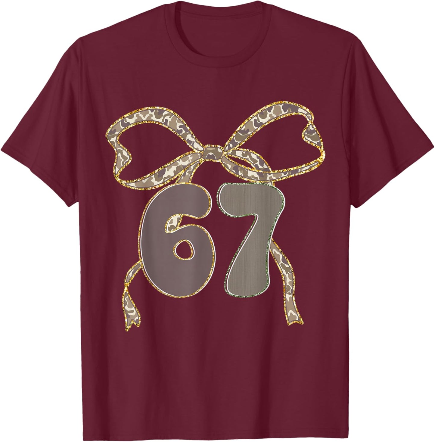 Six Seven Coquette Girl Bow Camo Meme 67 Funny Number Slang T-Shirt - T-Shirt | Maroon