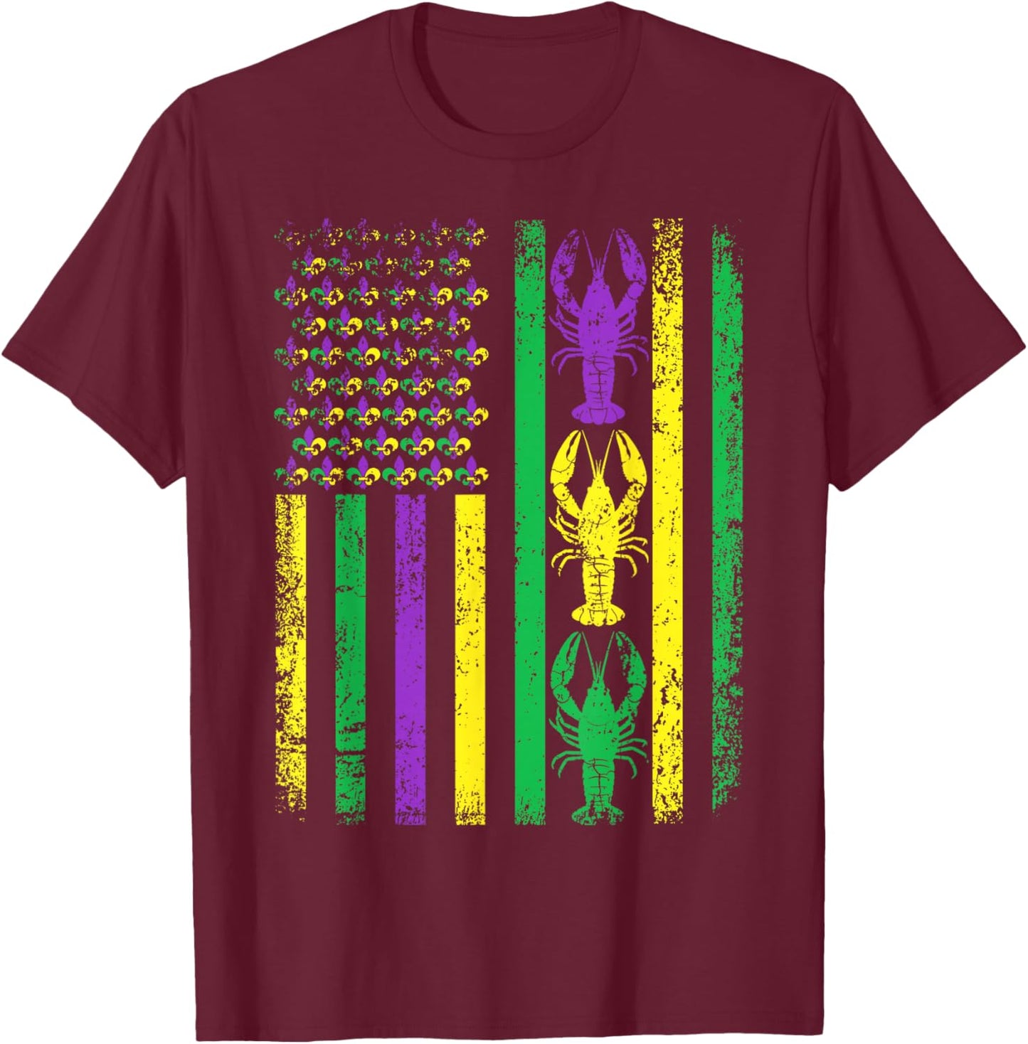 Retro Mardi Gras USA American Flag Crawfish Parade Men Women T-Shirt - T-Shirt | Maroon