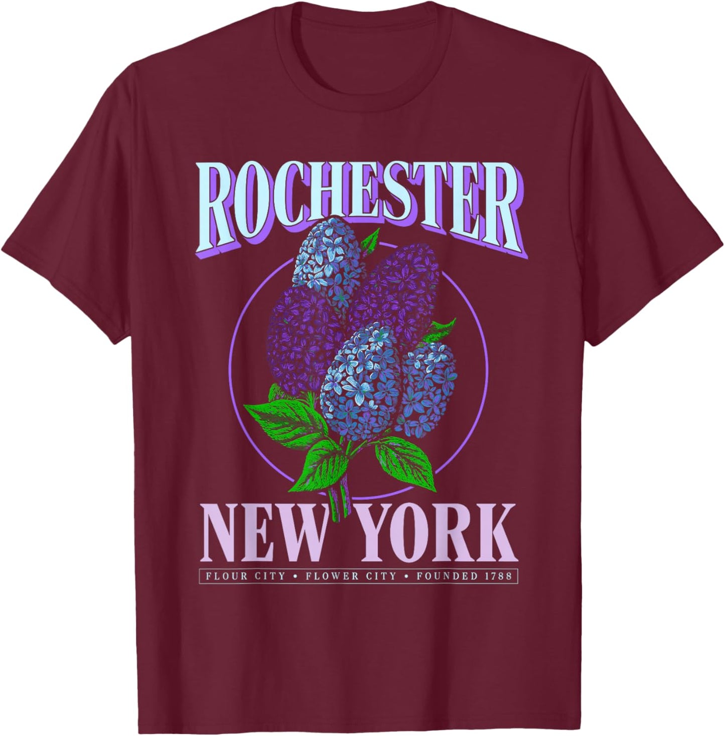 Rochester NY Lilac Apparel – Rochester Flower City T-Shirt - T-Shirt | Maroon