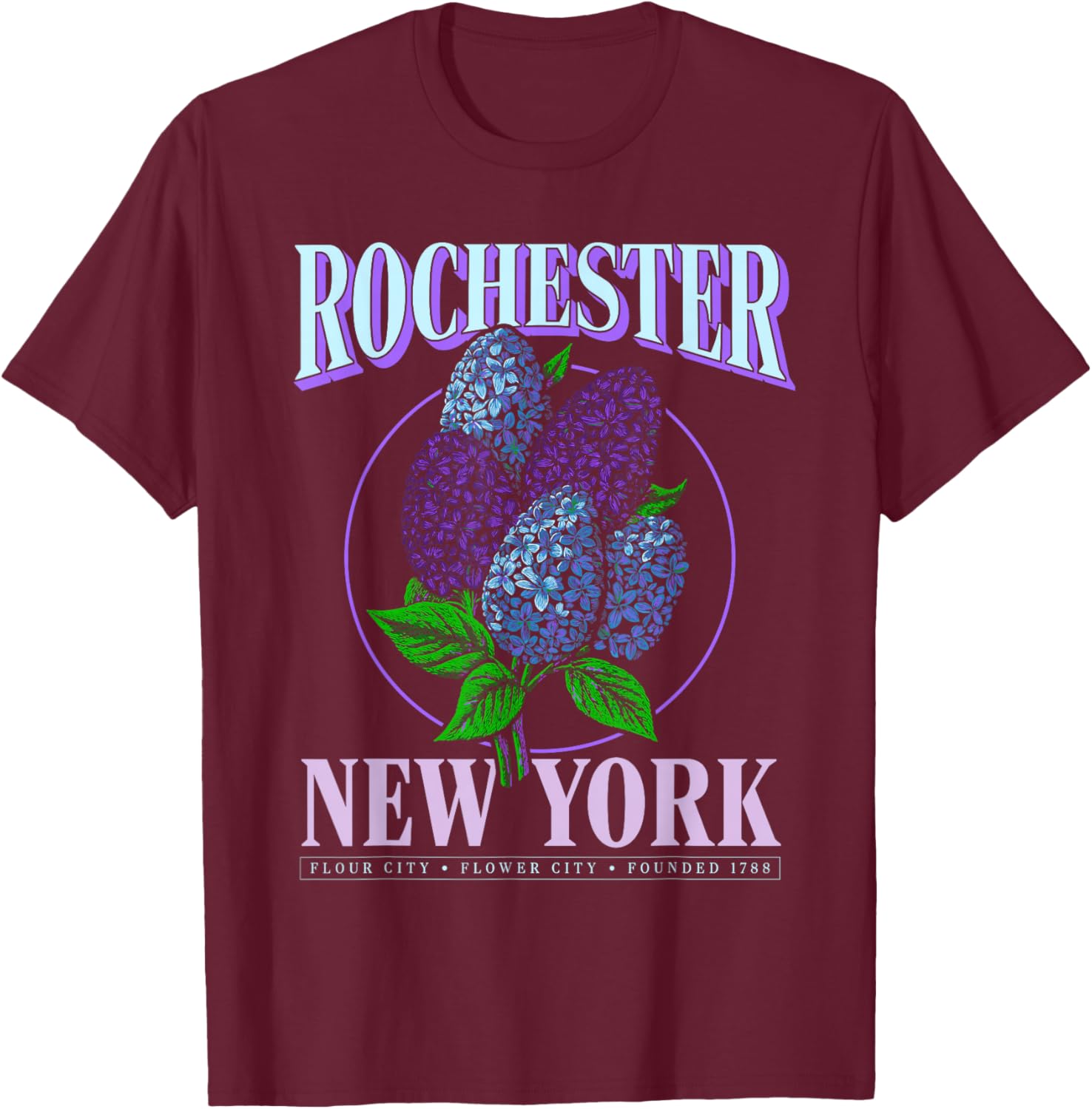 Rochester NY Lilac Apparel – Rochester Flower City T-Shirt - T-Shirt | Maroon