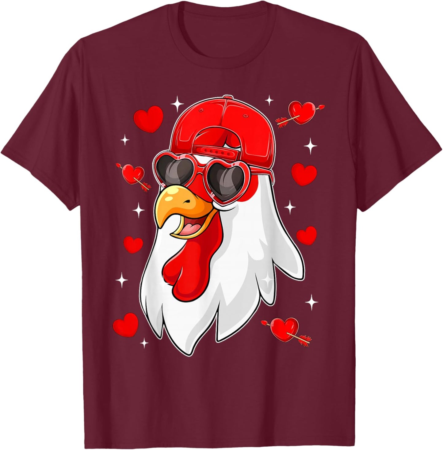 Funny Chicken with Hearts Happy Valentines Boys Men T-Shirt - T-Shirt | Maroon