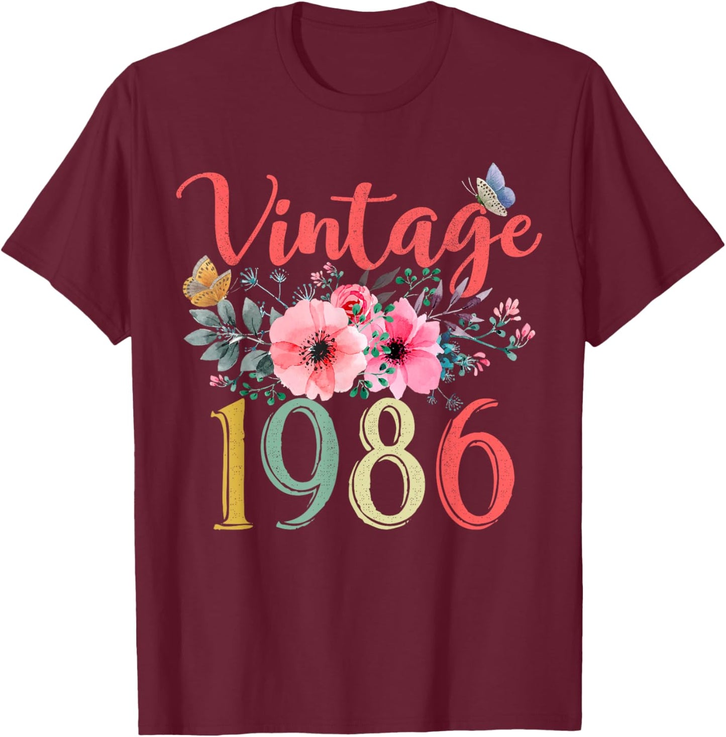 Vintage 1986 Floral Hippie Groovy Wildflower 40th Birthday T-Shirt - T-Shirt | Maroon