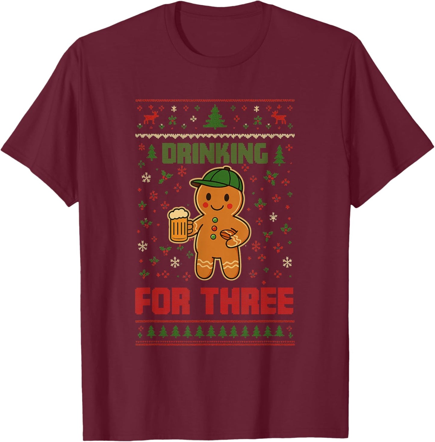 Drinking for Three Pregnancy Announcement Ugly Sweater Xmas T-Shirt - T-Shirt | Maroon