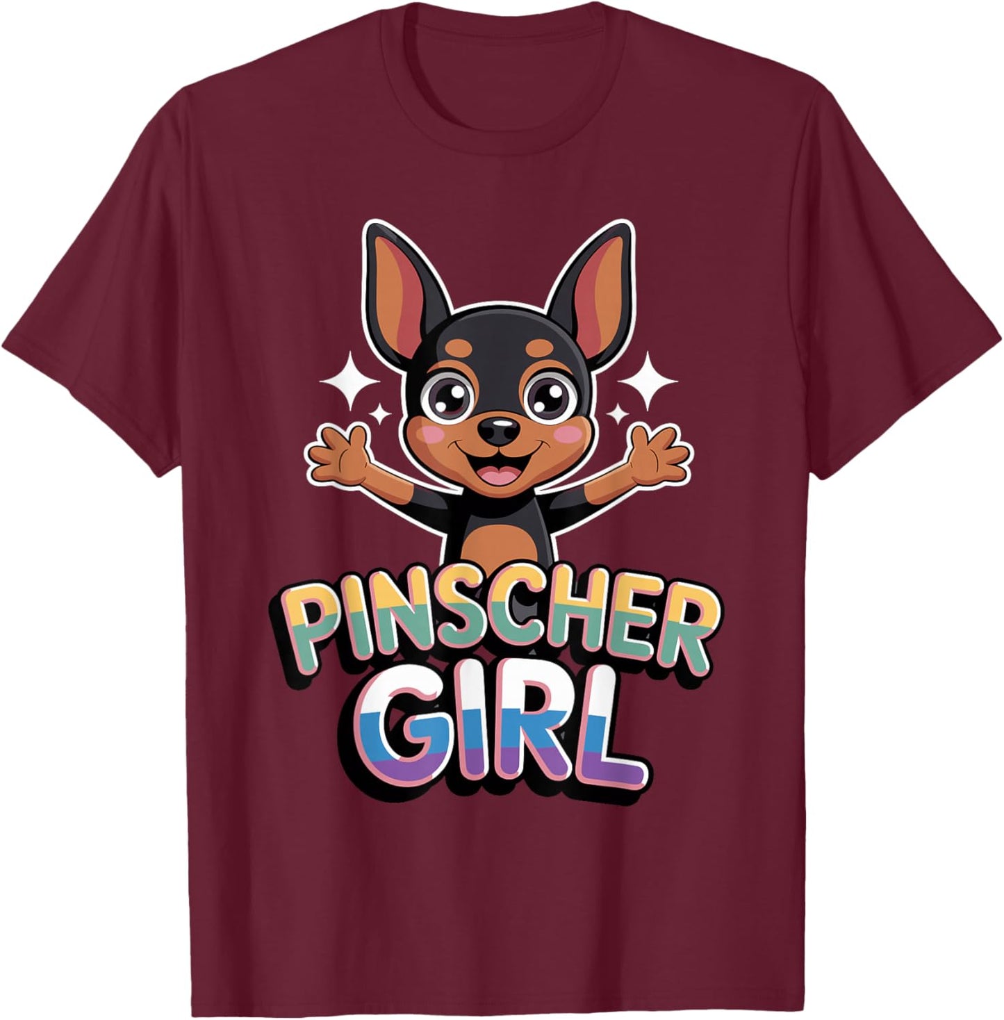 Pinscher Girl Cartoon Min Pin Small Mini Dog Pet Dog Breed T-Shirt - T-Shirt | Maroon