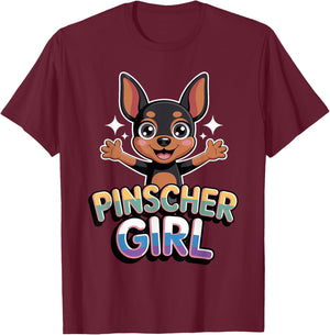 Pinscher Girl Cartoon Min Pin Small Mini Dog Pet Dog Breed T-Shirt - T-Shirt | Maroon