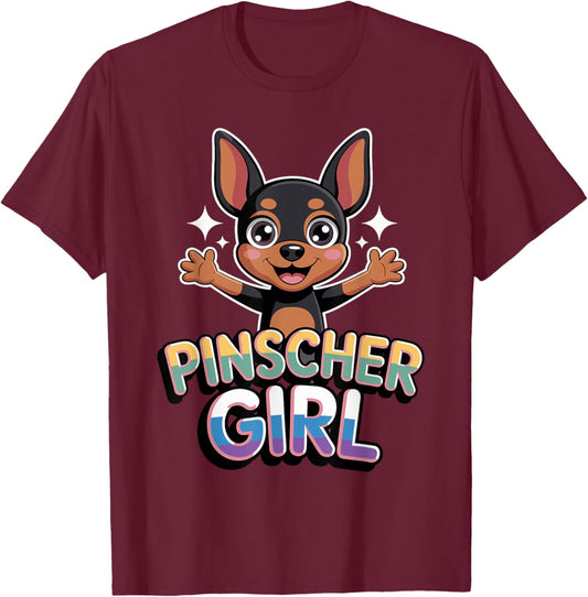 Pinscher Girl Cartoon Min Pin Small Mini Dog Pet Dog Breed T-Shirt - T-Shirt | Maroon