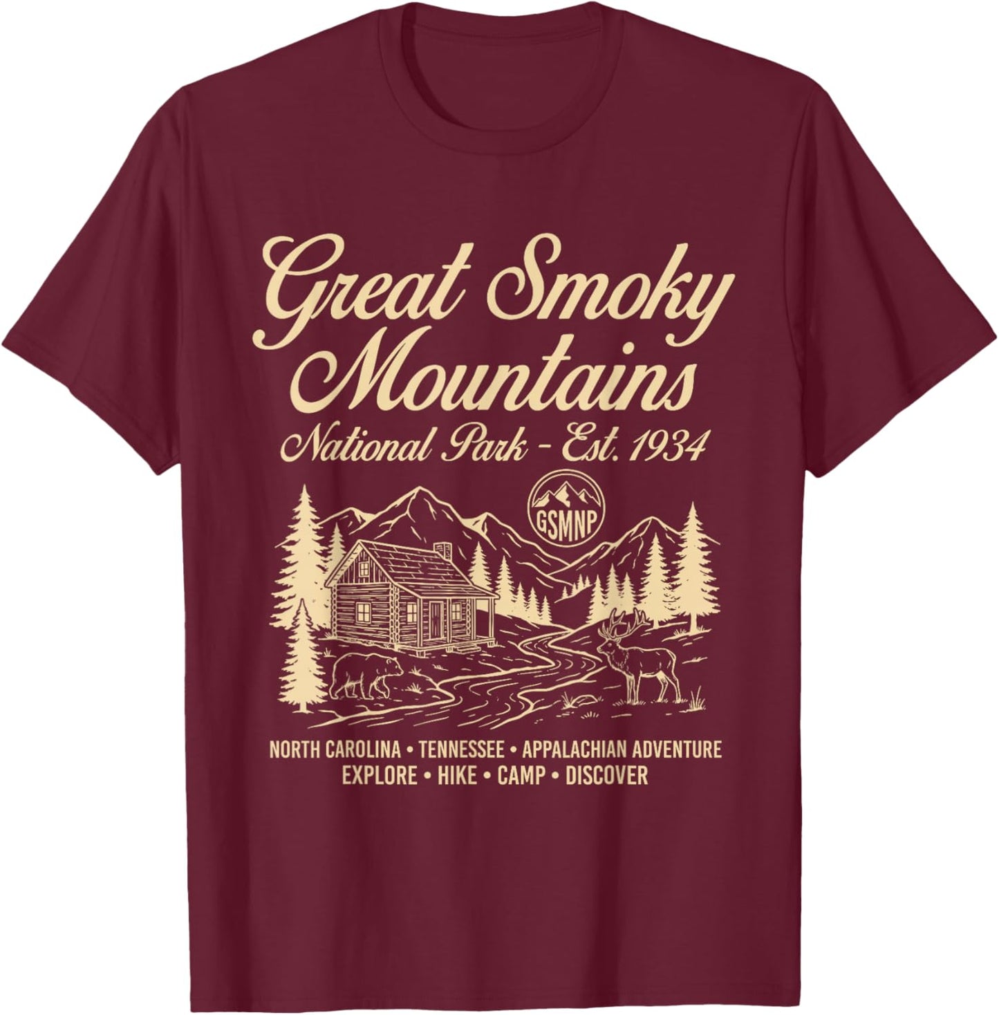Great Smoky Mountains National Park Vintage Hiking T-Shirt - T-Shirt | Maroon