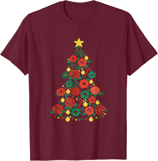 Floral Christmas Tree Girly Xmas Holiday Festive Season T-Shirt - T-Shirt | Maroon