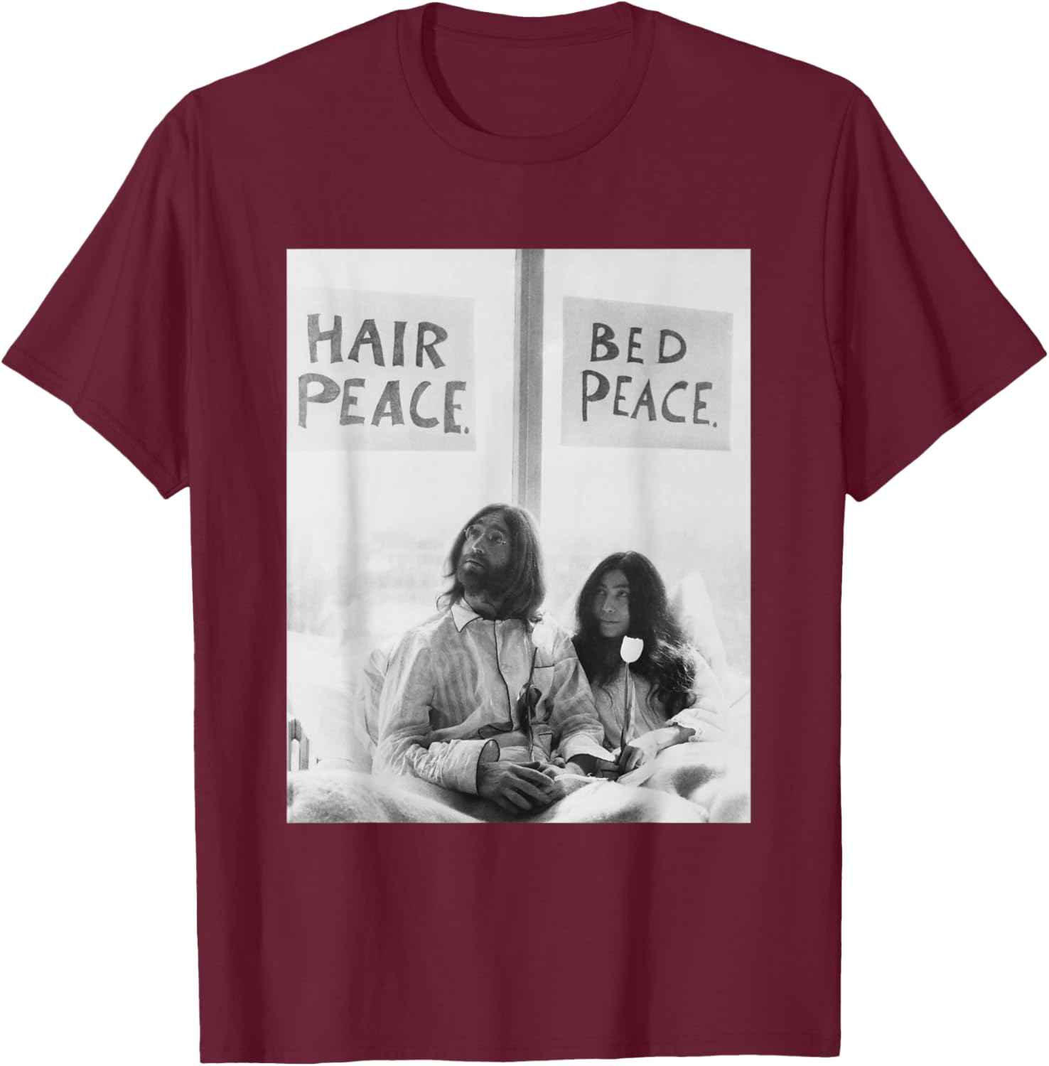 John Lennon Yoko ONO The Beatles Anti-War Bed-in 1969 T-Shirt - T-Shirt | Maroon