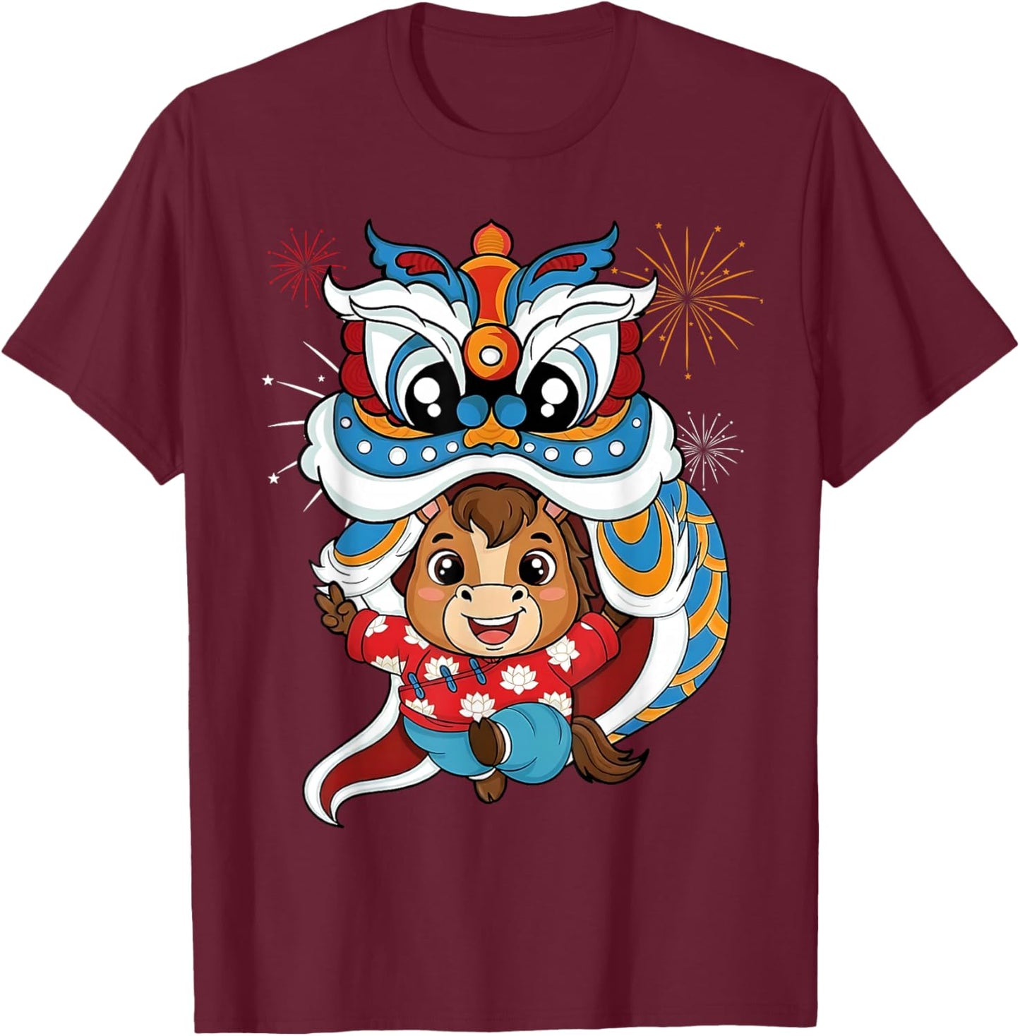 Cute Chinese Luna New Year 2026 Horse Lion Dance Zodiac T-Shirt - T-Shirt | Maroon