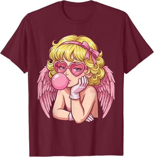 Cute Anime Cupid Blowing Bubble Gum T-Shirt - T-Shirt | Maroon
