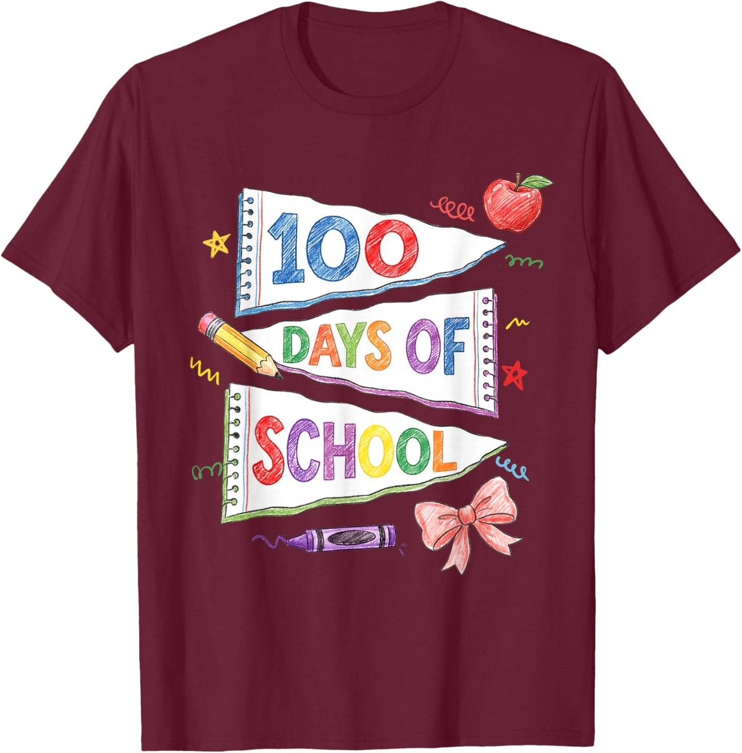 100 Days of School Pencil Coquette Bow Teachers Girls Kids T-Shirt - T-Shirt | Maroon