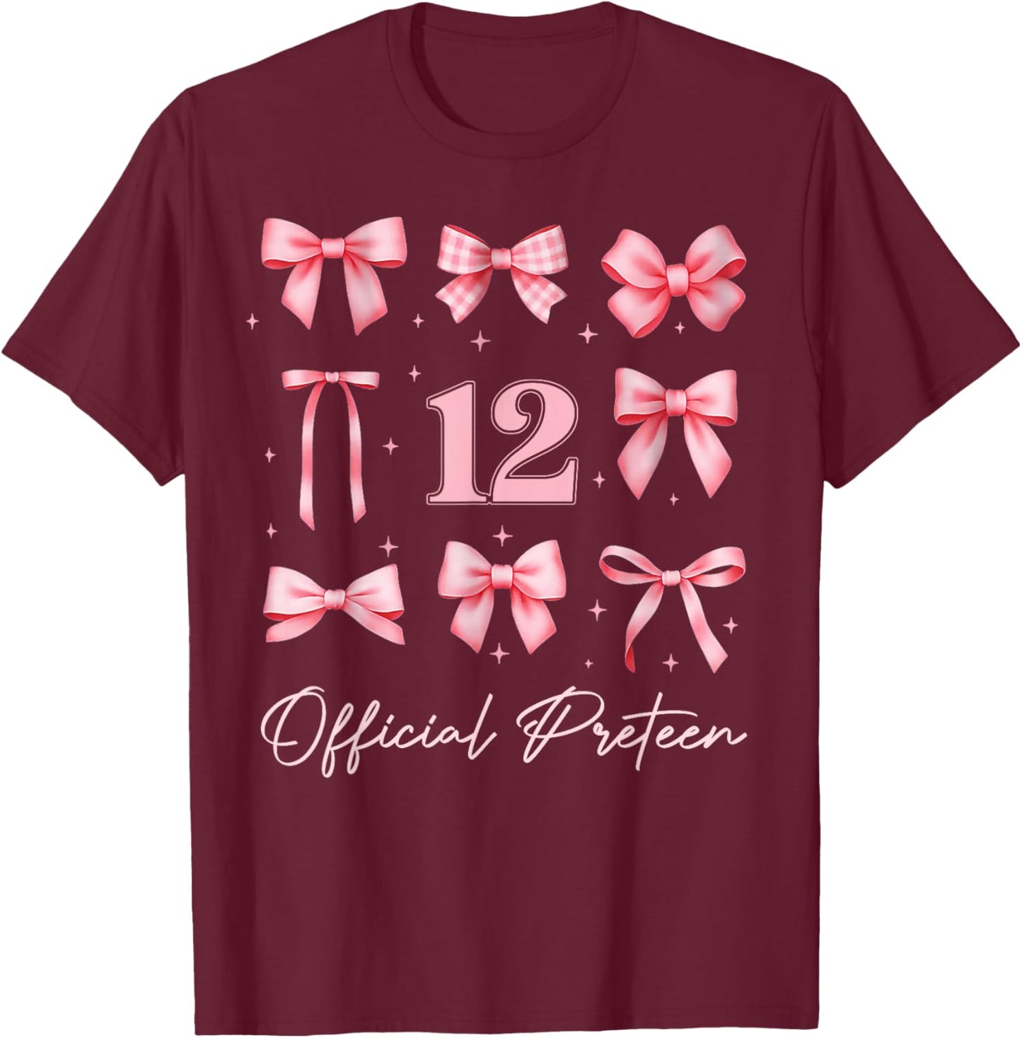 Kids 12th Birthday Girl Coquette Bow Pink Official Preteen T-Shirt - T-Shirt | Maroon