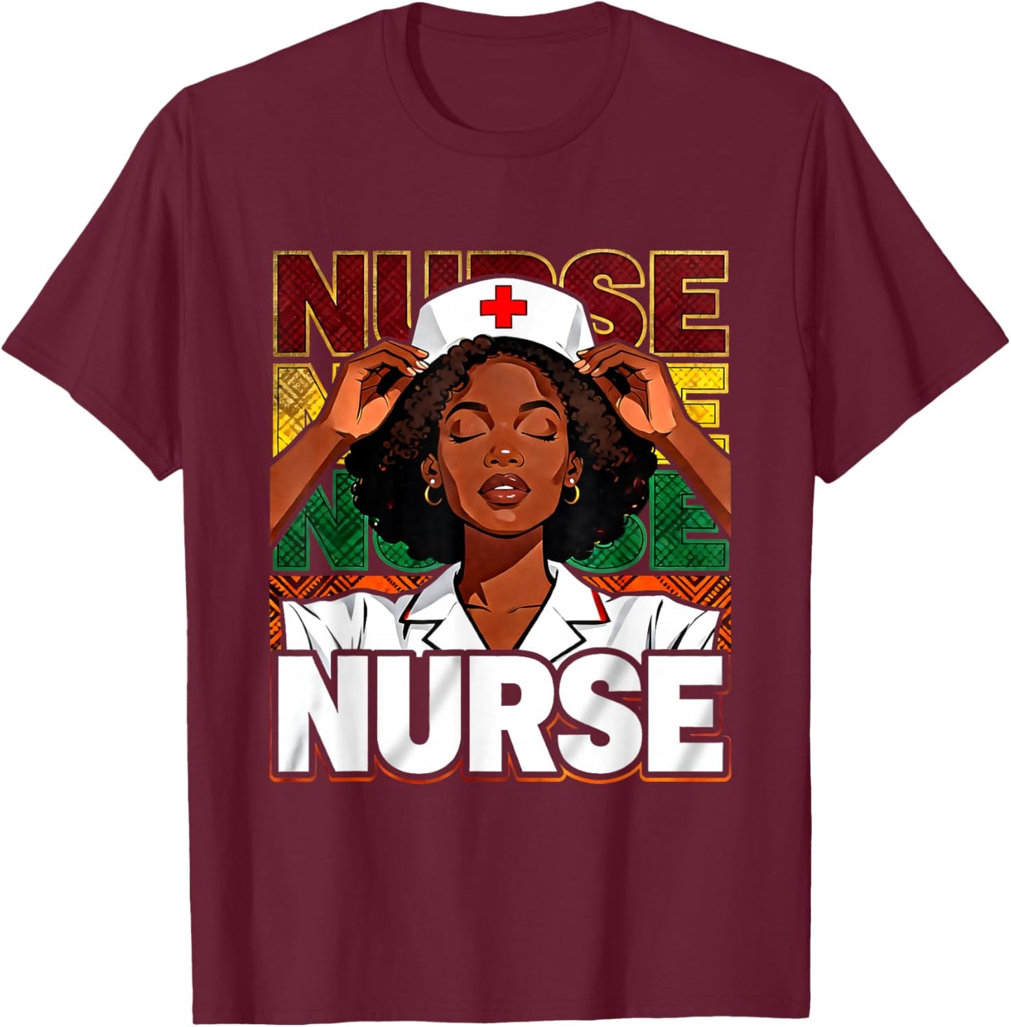 Afro Black Nurse Pride African Pattern RN LPN CNA T-Shirt - T-Shirt | Maroon