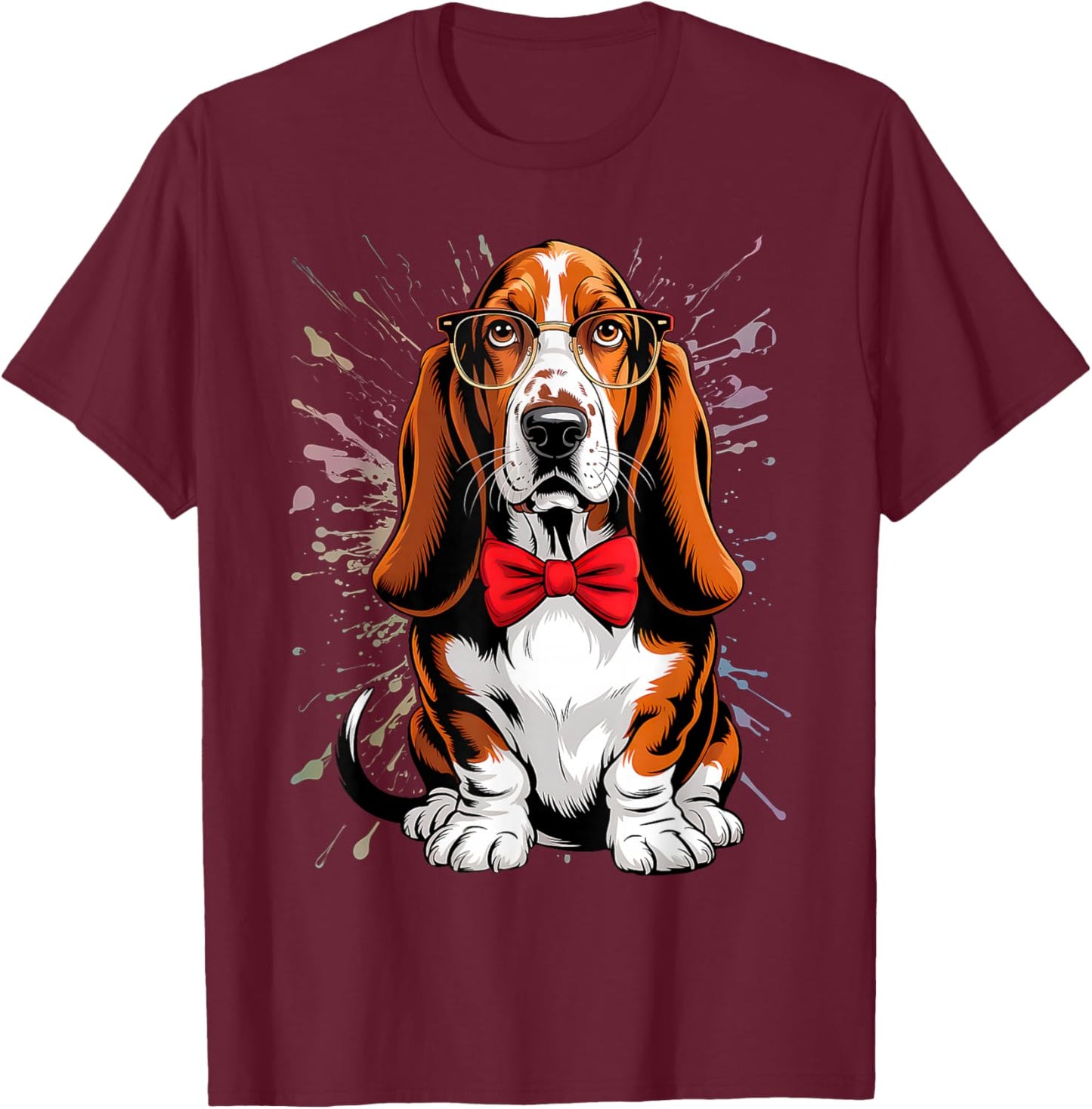 Basset Hound Dog in Classic Eyeglass and Bow Tie, Men Women T-Shirt - T-Shirt | Maroon