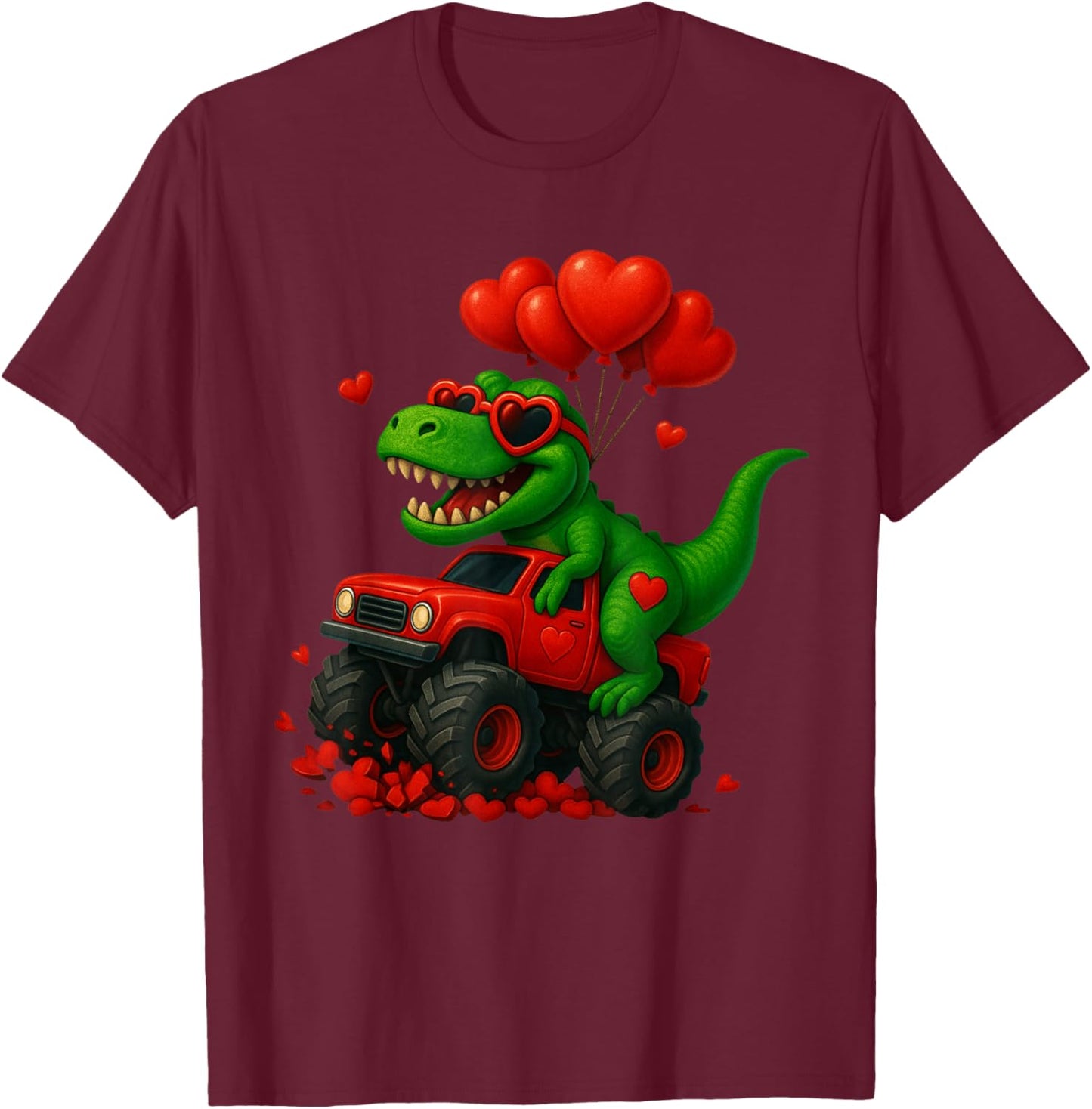 Valentines Day T Rex Riding Monster Truck Funny Toddler Boys T-Shirt - T-Shirt | Maroon