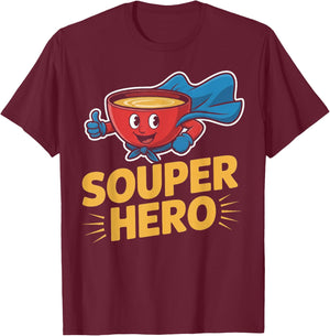 Souper Hero Funny Soup Bowl Cartoon Pun T-Shirt - T-Shirt | Maroon