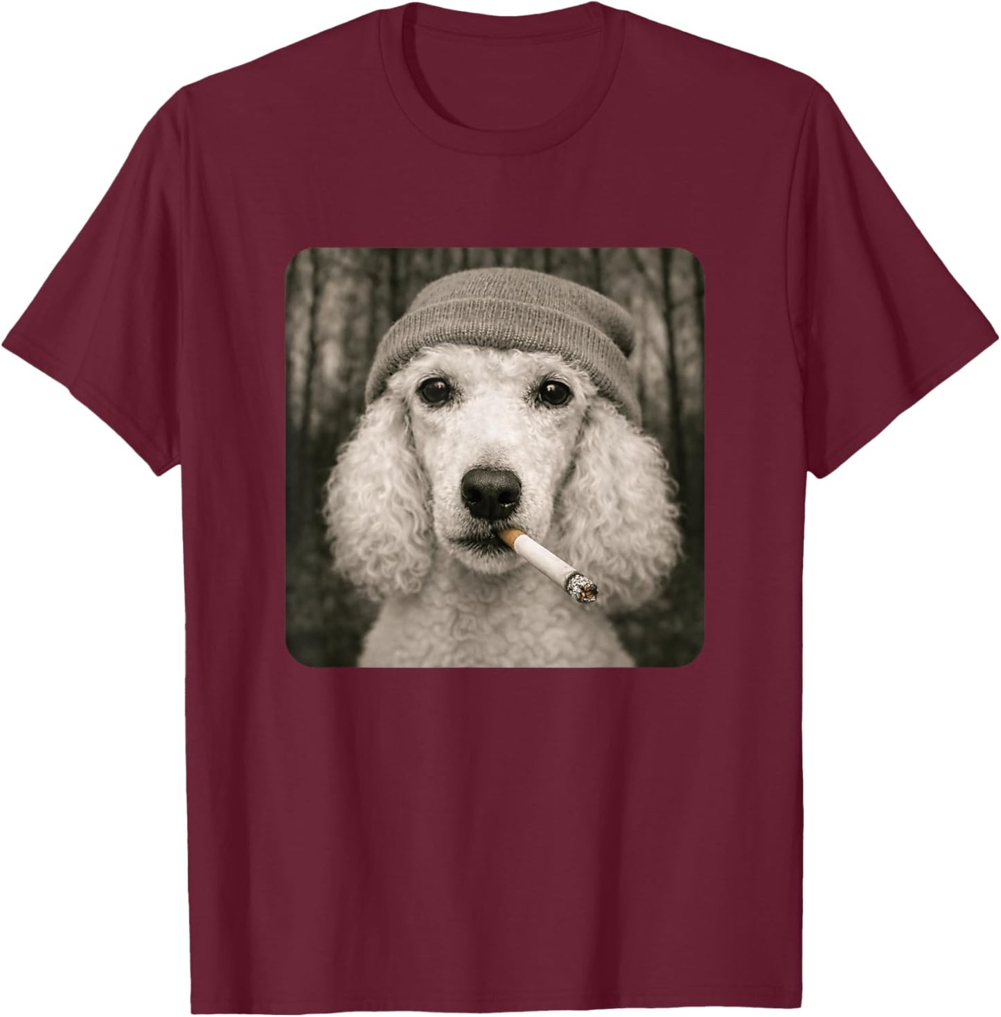 Funny Smoking White Poodle Dog Meme Cigarette Grunge Beanie T-Shirt - T-Shirt | Maroon