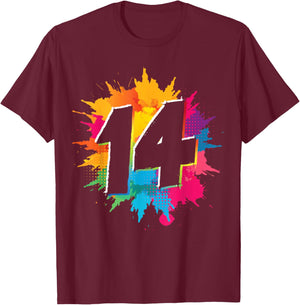 14th Birthday Colorful Paint Splashes 14 Year Old Girls Boys T-Shirt - T-Shirt | Maroon