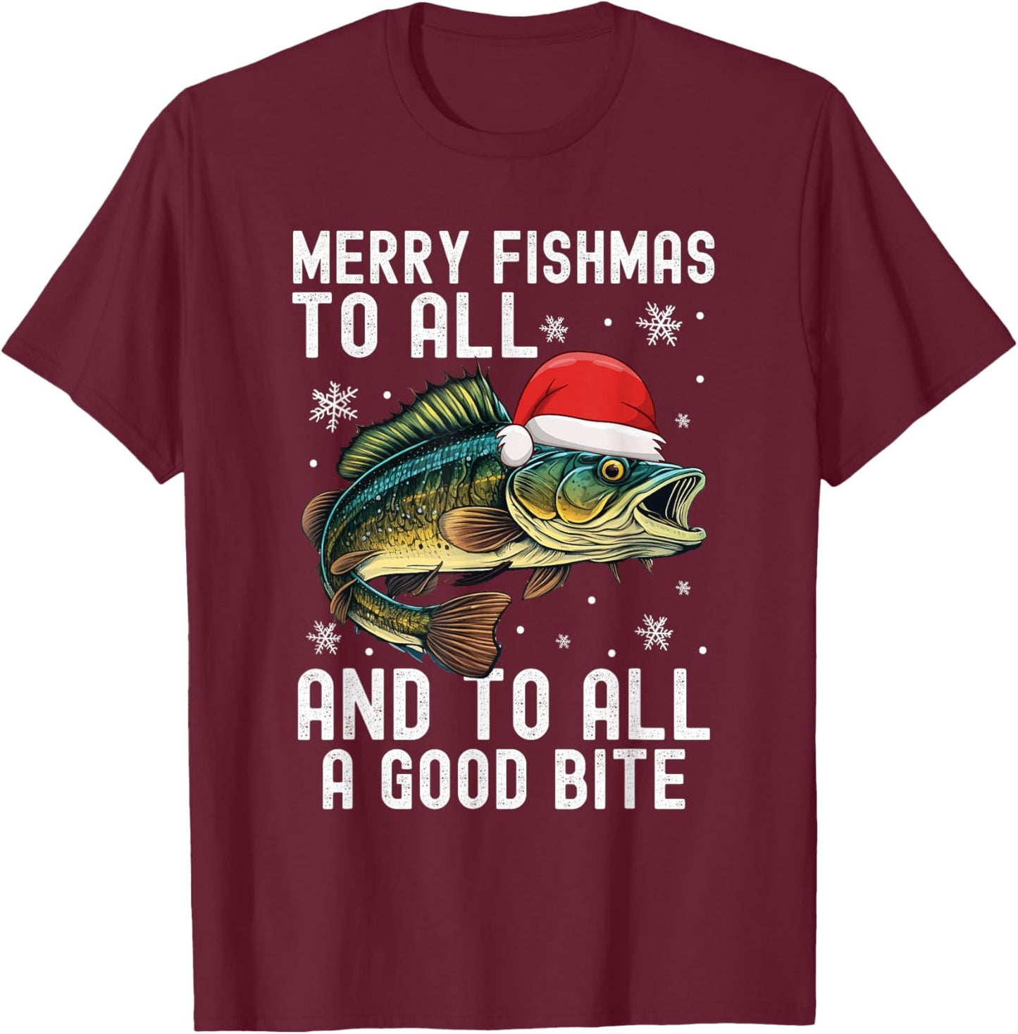 Merry Fishmas to All and to All A Good Bite Funny Xmas T-Shirt - T-Shirt | Maroon