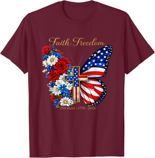 250 Years America Faith Cross US Butterfly Christian Freedom T-Shirt - T-Shirt | Maroon