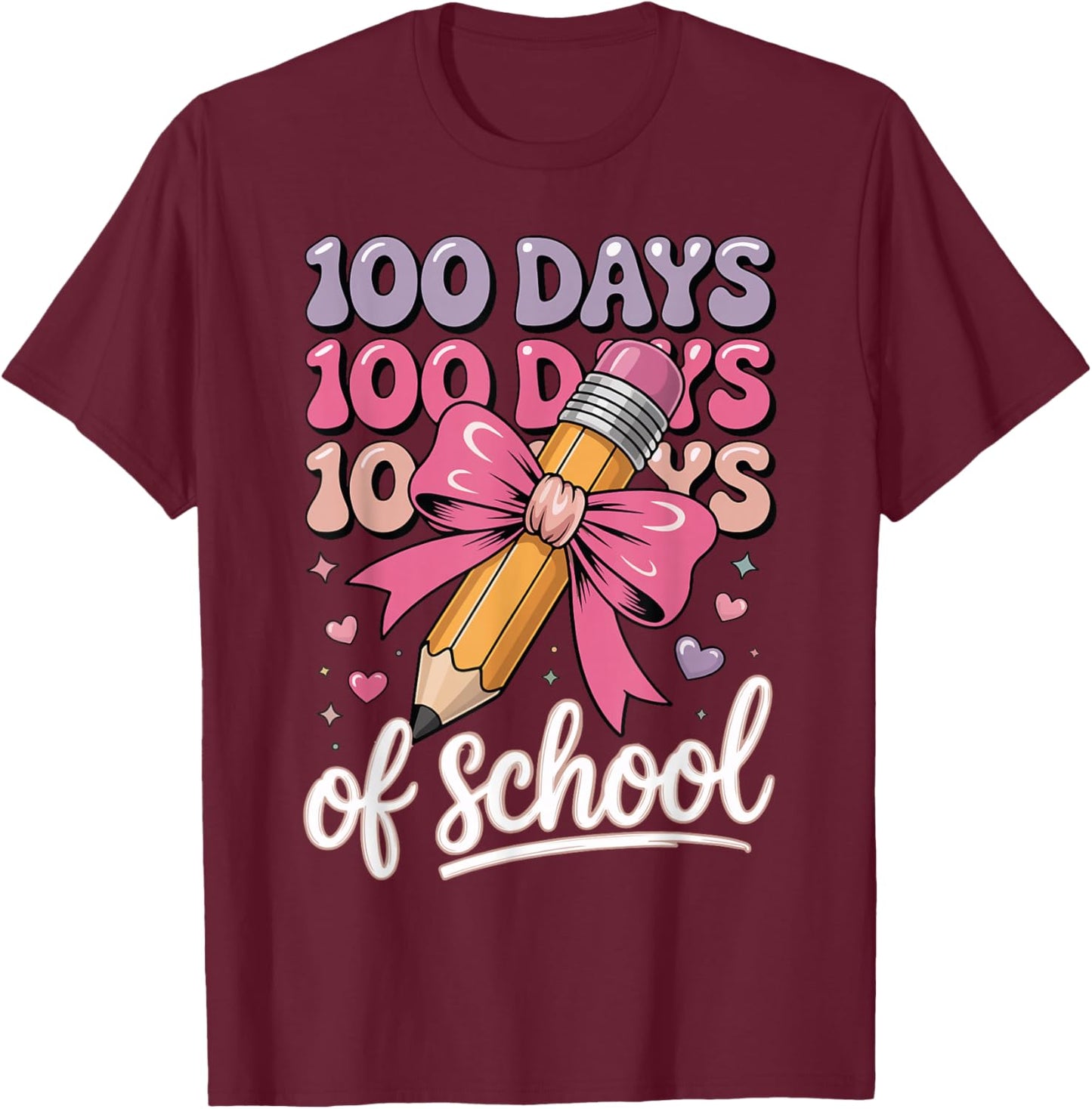 100 Days of School Girls Coquette Bow Kids Teacher Student T-Shirt - T-Shirt | Maroon