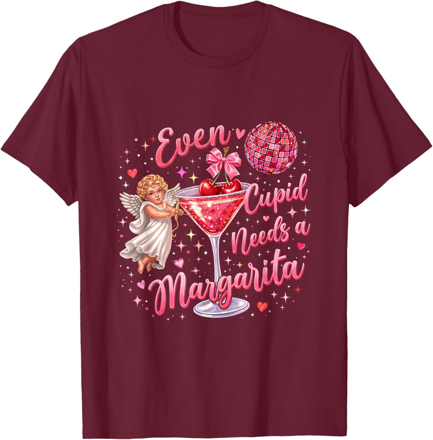 Valentine Funny Even Cupid Need A Margarita Retro Trendy T-Shirt - T-Shirt | Maroon