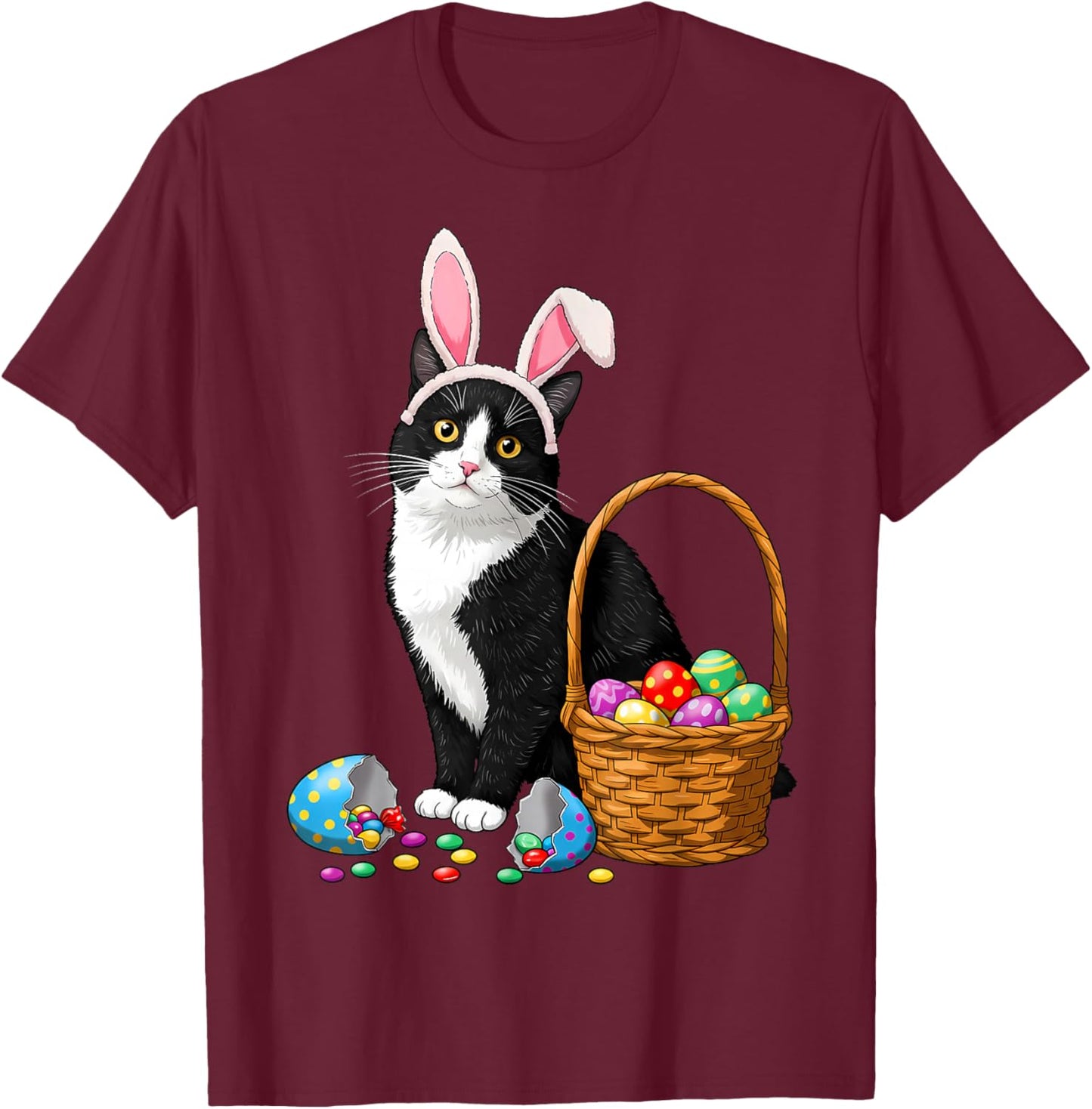 Easter Day Cat Bunny Ears Eggs Graphic Men Women Kids Funny T-Shirt - T-Shirt | Maroon