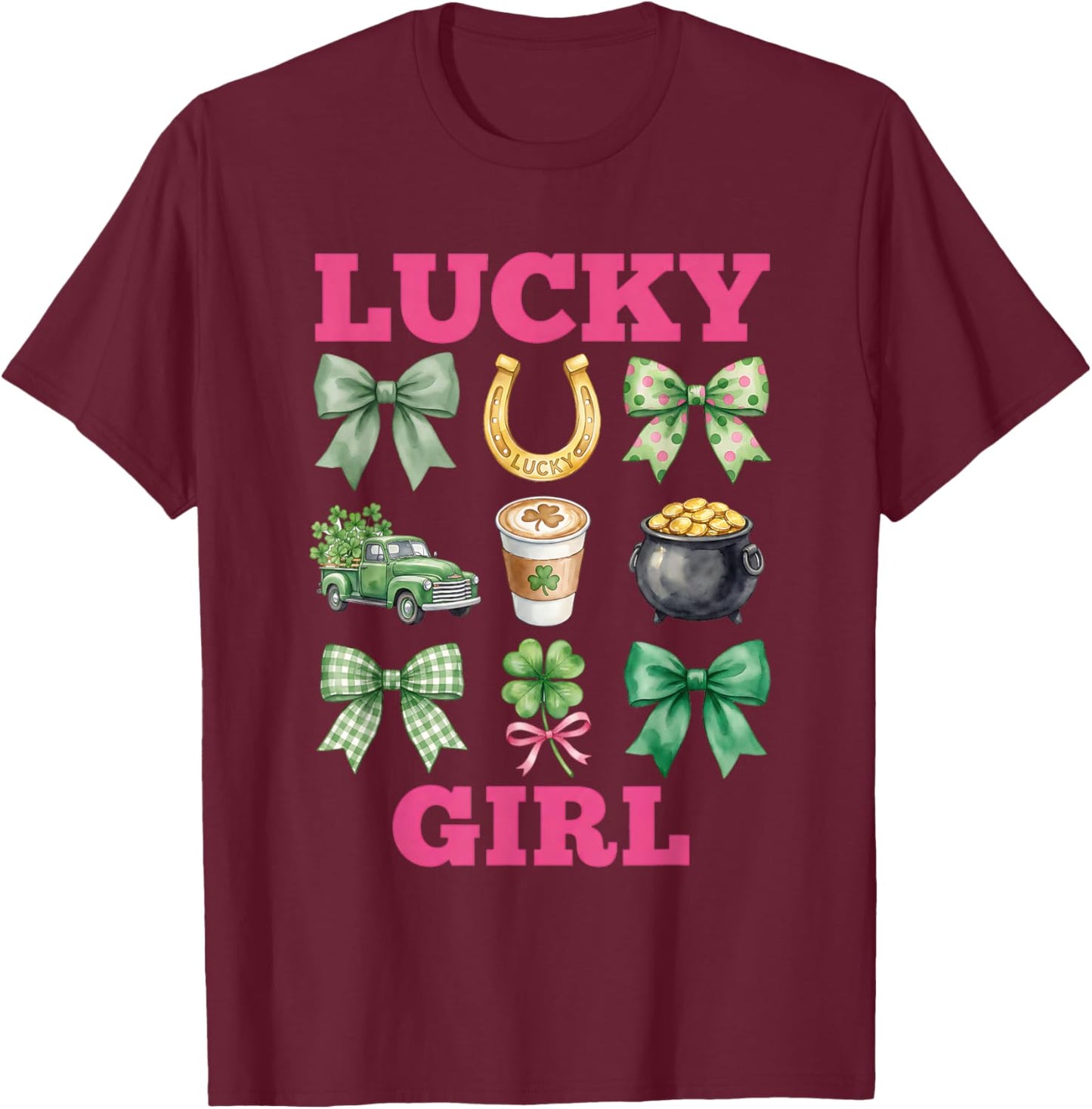 Lucky Girl Coquette Bows Pink Green St Patricks Day Women T-Shirt - T-Shirt | Maroon
