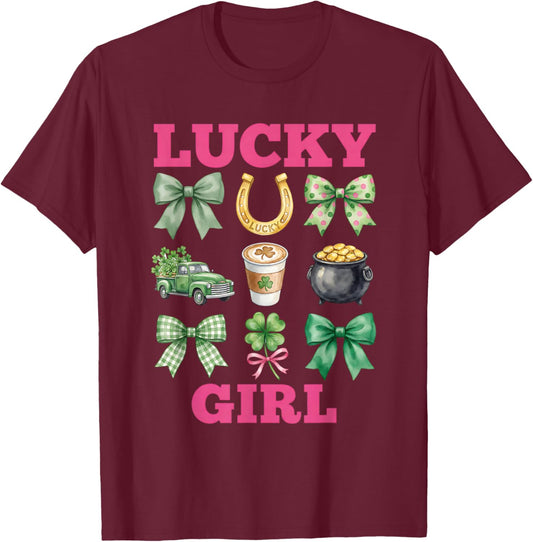 Lucky Girl Coquette Bows Pink Green St Patricks Day Women T-Shirt - T-Shirt | Maroon