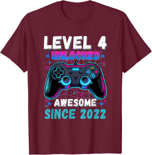 Level 4 Unlocked Awesome Since 2022 Fourth 4th Birthday Boys T-Shirt - T-Shirt | Maroon