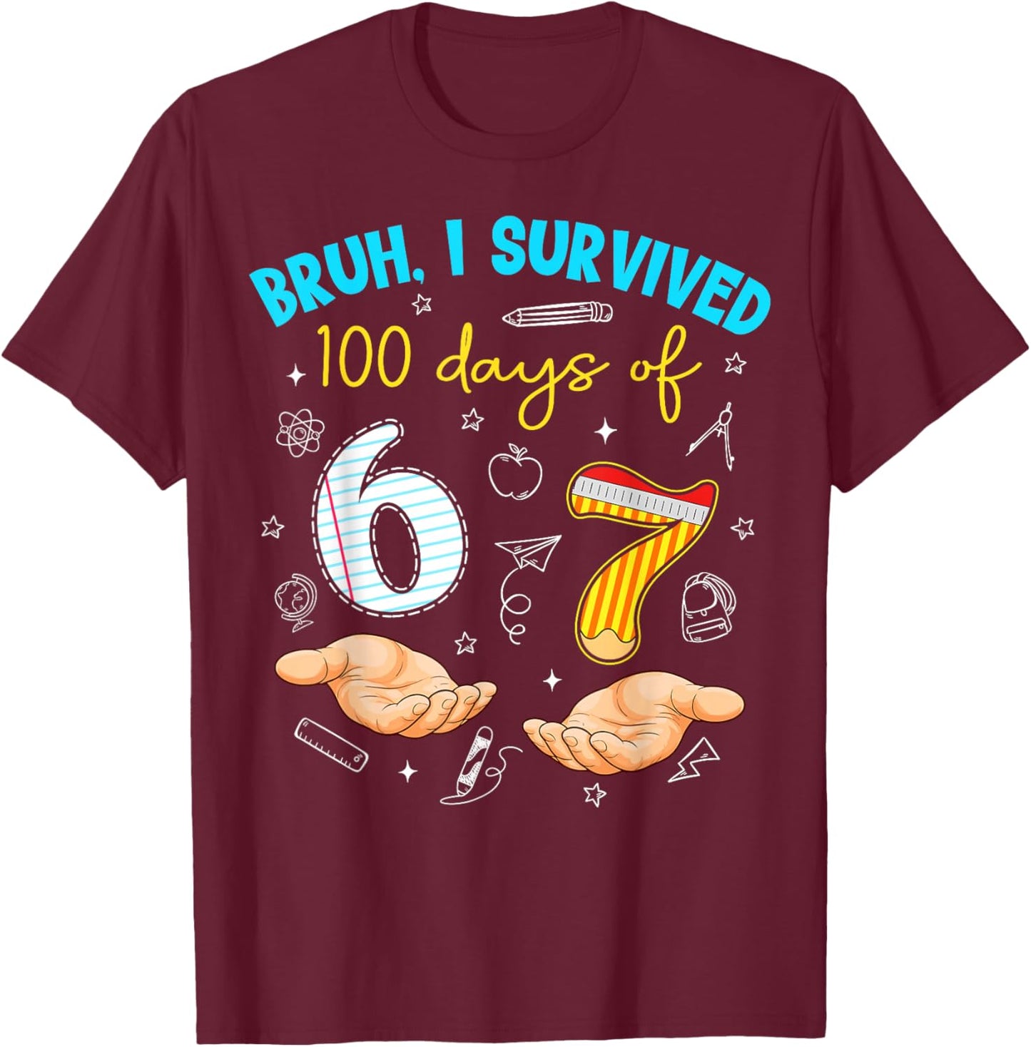 Bruh I Survived 100 Days of 67 100th Day of School Teachers T-Shirt - T-Shirt | Maroon