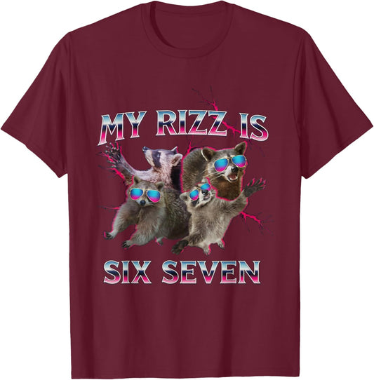 Autism Rizz 'Em with The 6-7 Funny Raccoon 67 Meme Six Seven T-Shirt - T-Shirt | Maroon