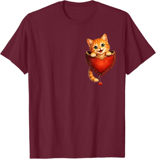 Cute Orange Pocket Kitty Funny Valentine Cat Lover Heart T-Shirt - T-Shirt | Maroon