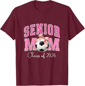Senior Mom Class of 2026 Soccer Pink Bow Design T-Shirt - T-Shirt | Maroon