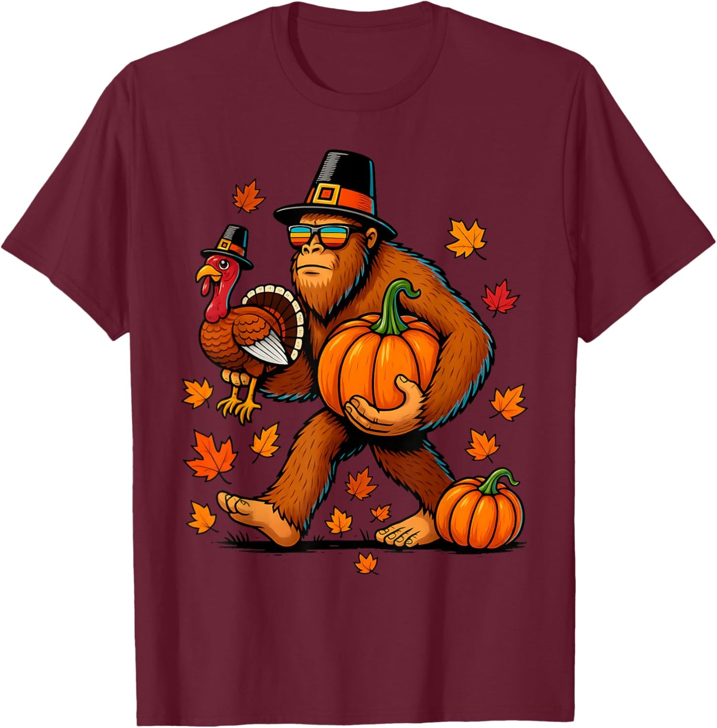 Pilgrim Turkey Pumpkin Thanksgiving Day Bigfoot Boys Men T-Shirt - T-Shirt | Maroon