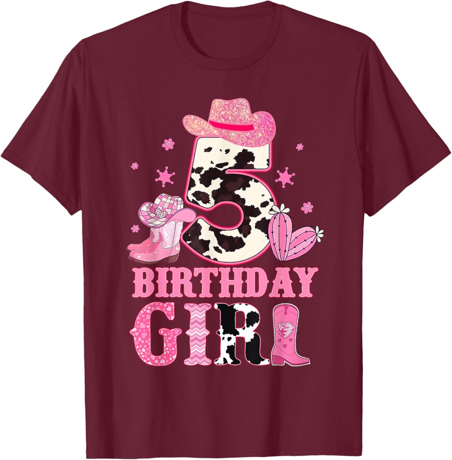 Kids 5th Birthday Girl Rodeo Western Cowgirl Birthday Party T-Shirt - T-Shirt | Maroon